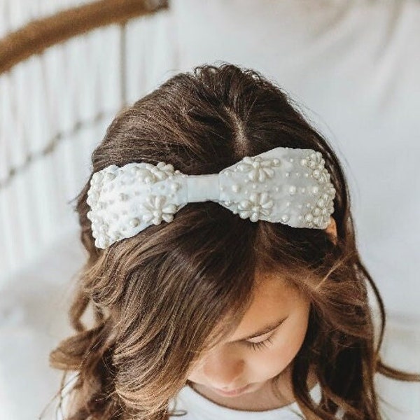 Bespoke beaded pearl headband,white Childs headband,flower girl,first communion,baptism,pearl beads,flower,Heirloom Baby Gift,Couture,custom