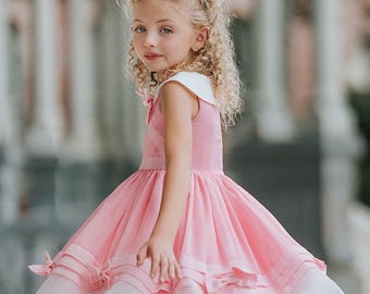 Pink Princess Party Dress for Girls | Bow Collar Birthday Dress with Layered Skirt | Cinderelly Pink Twirl Dress, Girls Cinderella Dress