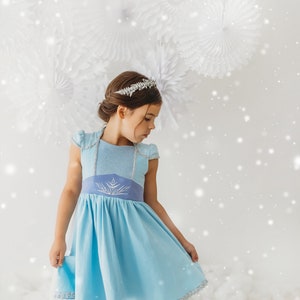 May include: A light blue dress with a silver trim and a silver tiara. The dress has a light blue bodice and a darker blue waistline with a silver snowflake design. The dress is a costume, likely for a child.