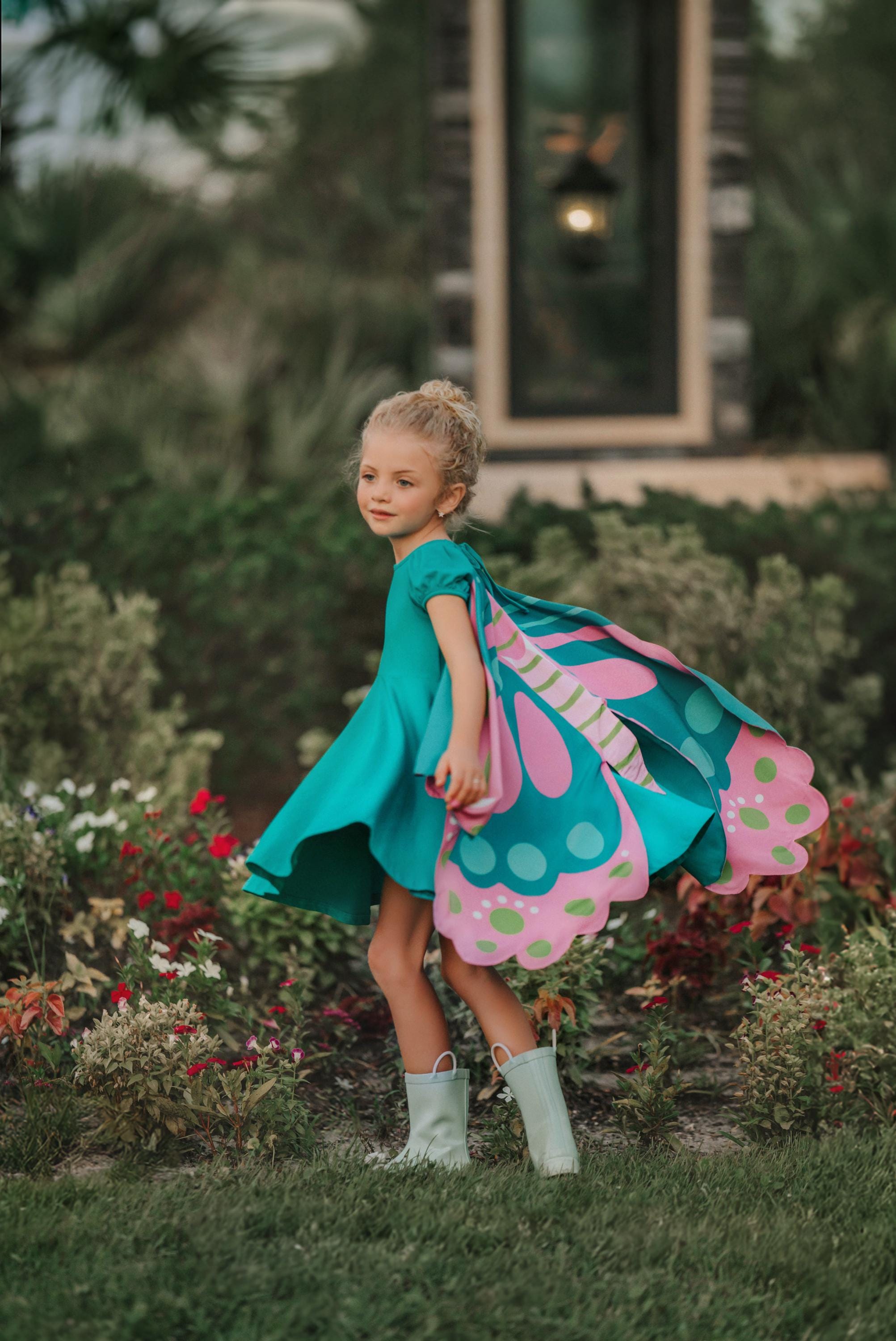 Girls Costume, Butterfly Dress,Removable wings,Costume Party,Fall Photos,Dance Costume,Theater Costume,Washable Costume,Turquoise Twirl