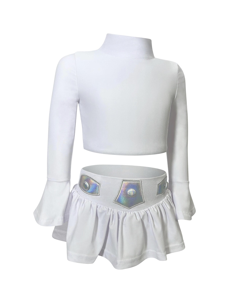White two-piece space princess rash guard swimsuit with holographic belt and long sleeves, inspired by sci-fi galactic costumes

Girls white space-themed swimsuit with long sleeve crop top and skirted holographic belt, perfect for poolside cosplay or dress-up

Star Wars-inspired toddler swimsuit set with shiny galactic belt and long sleeves for sun-safe swimwear and imaginative play