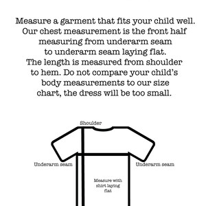 May include: Diagram illustrating how to measure a garment. Text reads "HOW TO MEASURE" and provides instructions for measuring chest and length. A shirt outline shows measurement points: shoulder, underarm seam, and hem.