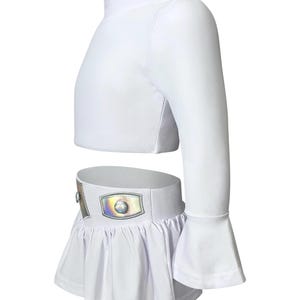 White two-piece space princess rash guard swimsuit with holographic belt and long sleeves, inspired by sci-fi galactic costumes

Girls white space-themed swimsuit with long sleeve crop top and skirted holographic belt, perfect for poolside cosplay or dress-up

Star Wars-inspired toddler swimsuit set with shiny galactic belt and long sleeves for sun-safe swimwear and imaginative play
