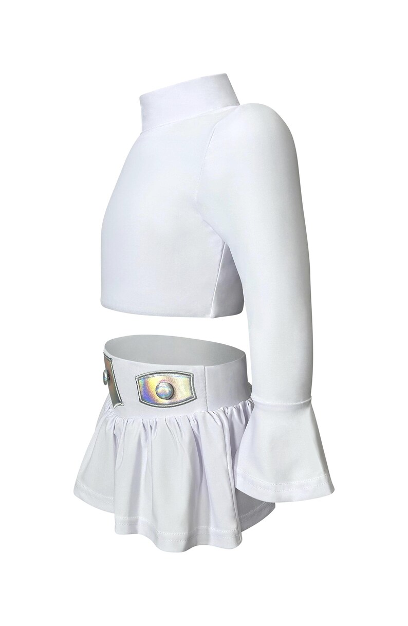 White two-piece space princess rash guard swimsuit with holographic belt and long sleeves, inspired by sci-fi galactic costumes

Girls white space-themed swimsuit with long sleeve crop top and skirted holographic belt, perfect for poolside cosplay or dress-up

Star Wars-inspired toddler swimsuit set with shiny galactic belt and long sleeves for sun-safe swimwear and imaginative play