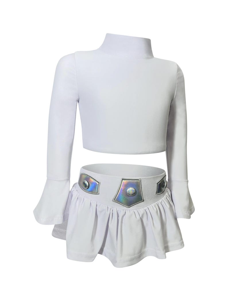 Star Wars-inspired toddler swimsuit set with shiny galactic belt and long sleeves for sun-safe swimwear and imaginative play

Space princess costume swim set with crop rash guard top and skirted bottom featuring iridescent belt detail for girls

Galactic girl swim outfit with long sleeves and futuristic belt, perfect for sci-fi beach parties, pool days, or costume fun