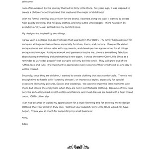 May include: A white page with the text "ABOUT ONLY LITTLE ONCE" at the top. The text describes the brand's inspiration, focusing on children's clothing, comfort, and appreciation for childhood. Includes a logo at the bottom.