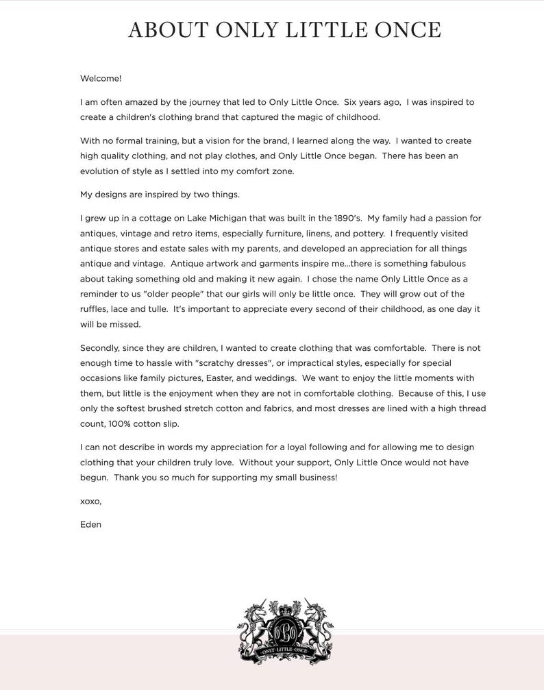 May include: A white page with the text "ABOUT ONLY LITTLE ONCE" at the top. The text describes the brand's inspiration, focusing on children's clothing, comfort, and appreciation for childhood. Includes a logo at the bottom.
