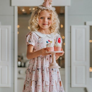 Girls pink Birthday twirl dress,toddler party dress,Puppy dog theme,Short Sleeve Baby Princess dress,