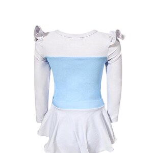 Cinderella-inspired long sleeve rash guard swimsuit for girls with floral neckline and princess blue one-piece design

Toddler princess swimwear in light blue with ruffles and full-length white sleeves, perfect for sun-safe beach days

One-piece girls swimsuit with long sleeves and ballgown-style peplum inspired by Cinderella, styled for fairytale pool fun