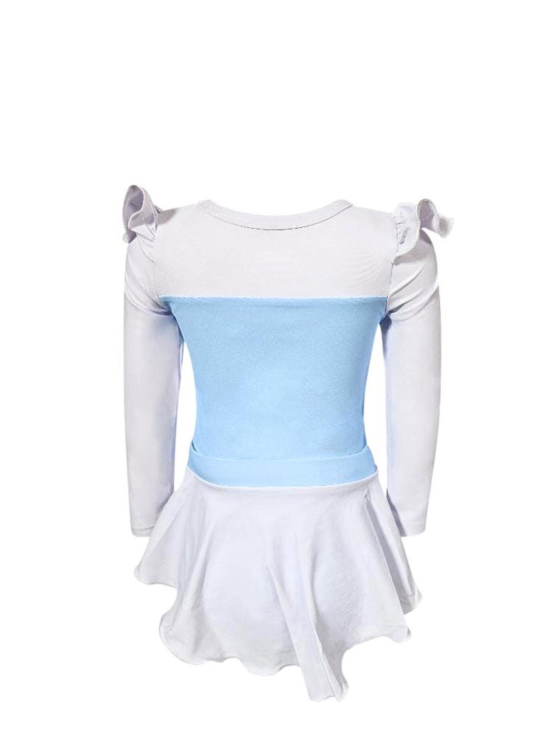 Cinderella-inspired long sleeve rash guard swimsuit for girls with floral neckline and princess blue one-piece design

Toddler princess swimwear in light blue with ruffles and full-length white sleeves, perfect for sun-safe beach days

One-piece girls swimsuit with long sleeves and ballgown-style peplum inspired by Cinderella, styled for fairytale pool fun