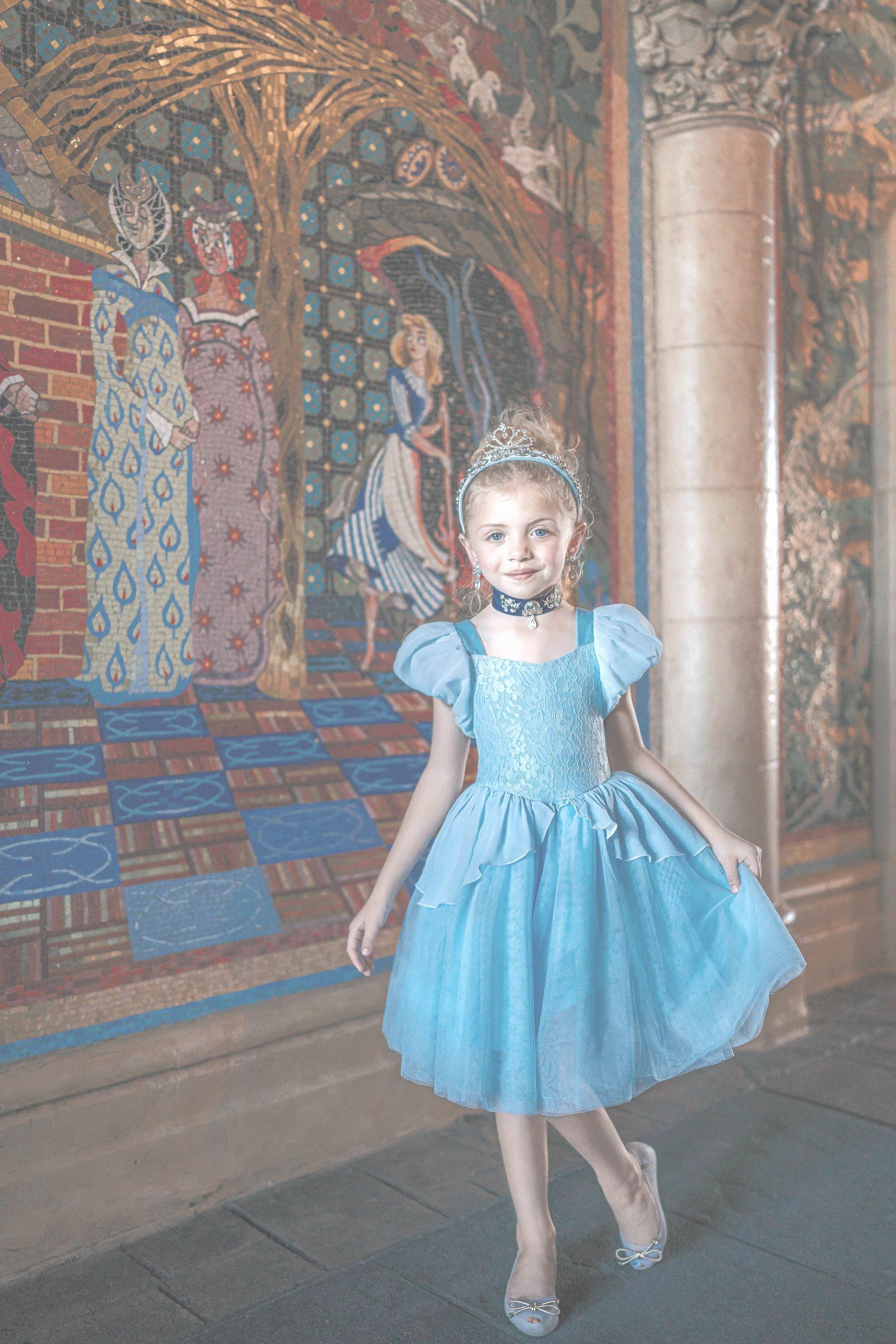 disney princess blue dress Cinderella Ballgown - Toddler - Girls Birthday Outfit - Halloween Costume Square Neckline With Ruffles Inspired By Snow Whites Collar Puff Short Sleeves With Placement Print Detail Tulle With Ruffle Details Overlaid On Skirt Worn Above The Knee Body Posh Peanut Girl's Disney Snow