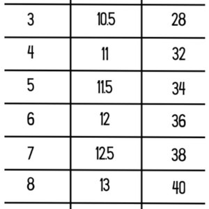 May include: A black and white sizing chart with measurements in inches. The chart includes sizes 2 through 14, with corresponding chest and length measurements. The text "Sizing Chart" is at the top.