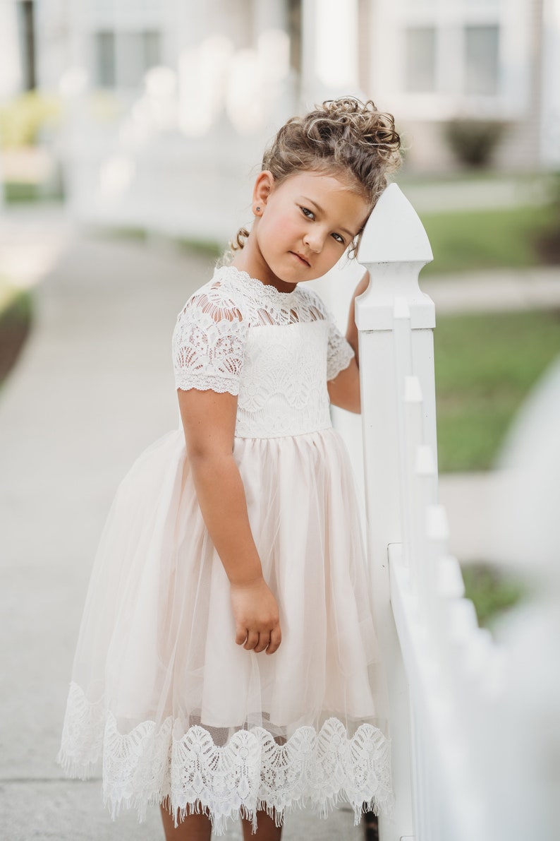 tulle girl flower dress, lace girls flower dress, short sleeve flower dress girls, boho flower dress, antique ivory girls flower dress 