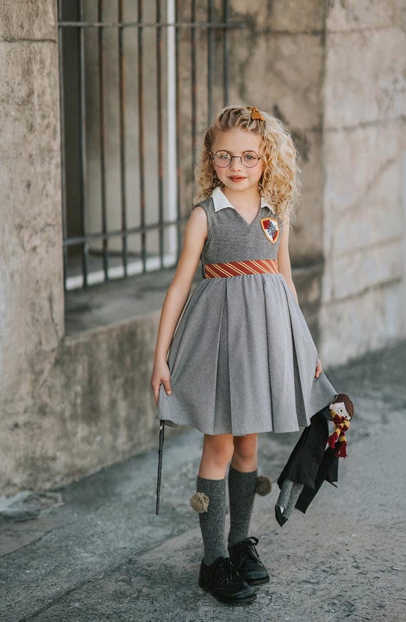 grey dress and red shoes Girls Wizard School Uniform | Gryffindor-inspired Costume | Toddler to Tween Book Character Outfit | Halloween Cosplay or Dress-up SS24FormalFeatured