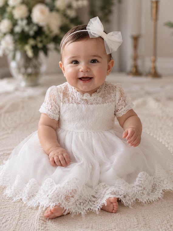 white lace dress 5t Girls Off-White Lace Communion Dress with Beaded Waist & Bow Back Off White / 7.5