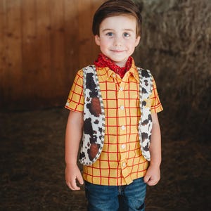 May include: A child wearing a cowboy costume, featuring a yellow plaid shirt with red lines, a cow-print vest, a red bandana, and blue jeans. The costume is reminiscent of a classic Western character.