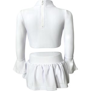 White two-piece space princess rash guard swimsuit with holographic belt and long sleeves, inspired by sci-fi galactic costumes

Girls white space-themed swimsuit with long sleeve crop top and skirted holographic belt, perfect for poolside cosplay or dress-up

Star Wars-inspired toddler swimsuit set with shiny galactic belt and long sleeves for sun-safe swimwear and imaginative play