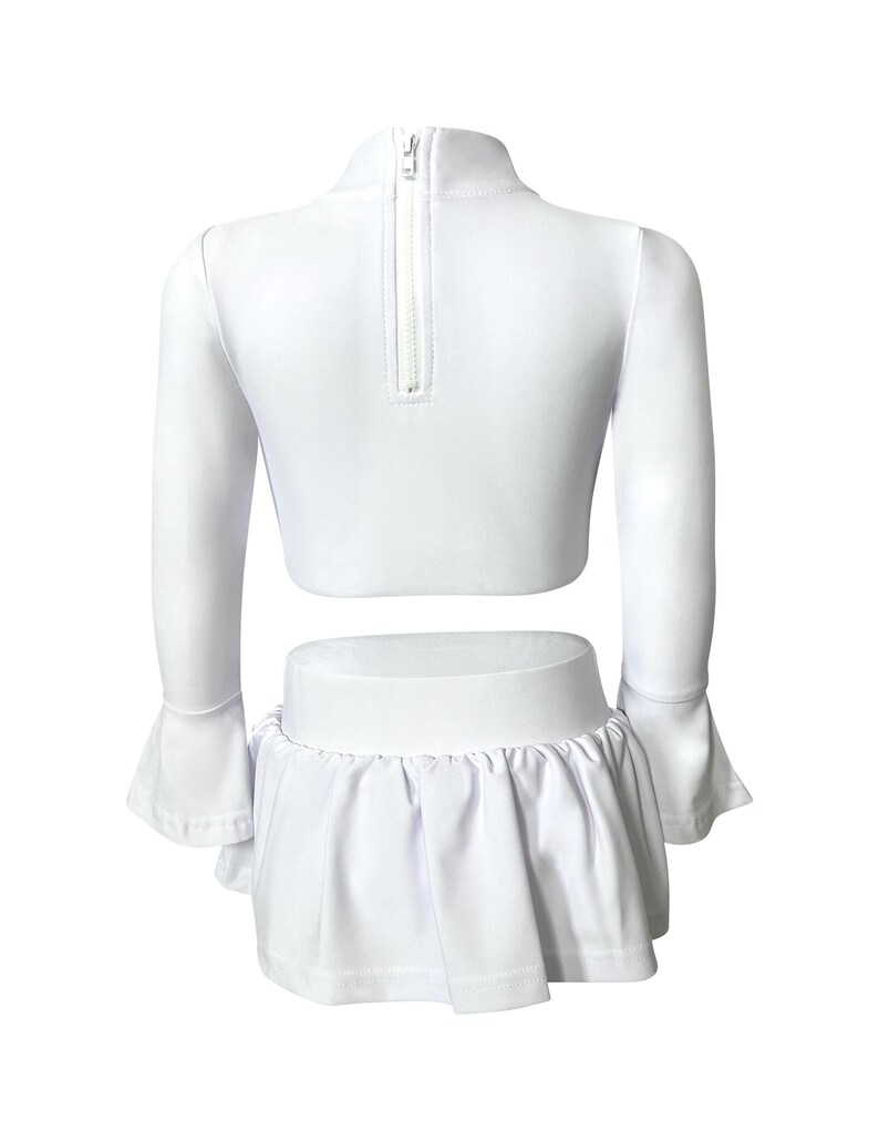 White two-piece space princess rash guard swimsuit with holographic belt and long sleeves, inspired by sci-fi galactic costumes

Girls white space-themed swimsuit with long sleeve crop top and skirted holographic belt, perfect for poolside cosplay or dress-up

Star Wars-inspired toddler swimsuit set with shiny galactic belt and long sleeves for sun-safe swimwear and imaginative play
