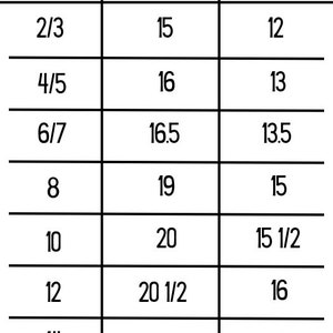 May include: A black and white Boys Sizing Chart with measurements in inches. The chart includes sizes 2/3 through 14, with corresponding length and 1/2 chest measurements. The unit of measurement is inches.