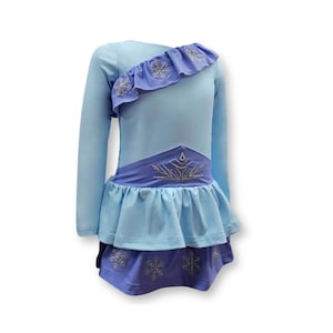 May include: A light blue dress with a purple ruffle on the shoulder and a purple skirt with snowflake embroidery. The dress has a silver snowflake design on the bodice and a silver snowflake design on the skirt.