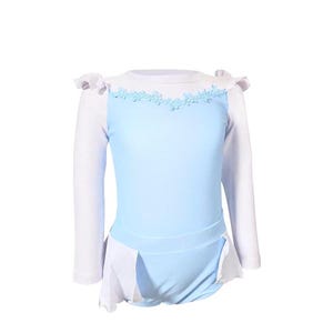Cinderella-inspired long sleeve rash guard swimsuit for girls with floral neckline and princess blue one-piece design

Toddler princess swimwear in light blue with ruffles and full-length white sleeves, perfect for sun-safe beach days

One-piece girls swimsuit with long sleeves and ballgown-style peplum inspired by Cinderella, styled for fairytale pool fun