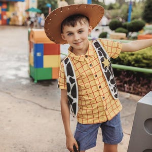 Puede incluir: Un ni&ntilde;o peque&ntilde;o vestido como Woody de Toy Story. Lleva una camisa de cuadros amarillos y rojos con un sombrero de vaquero marr&oacute;n, un chaleco blanco y negro y pantalones cortos de mezclilla azul.