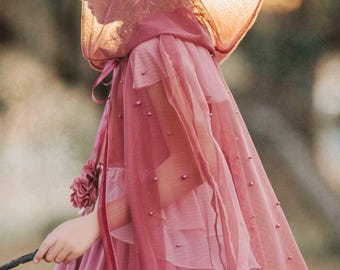 Mauve Princess Cape with Hood: Girls Pearl Tulle Dress Up Cape, Toddler Costume