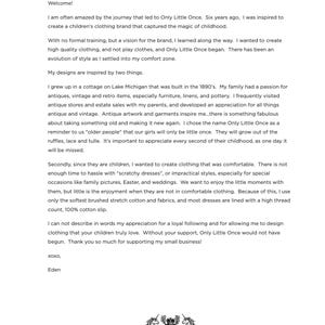 May include: A white page with the text "ABOUT ONLY LITTLE ONCE" at the top. The text describes the brand's inspiration, focusing on children's clothing, comfort, and appreciation for childhood. The brand's logo is at the bottom.