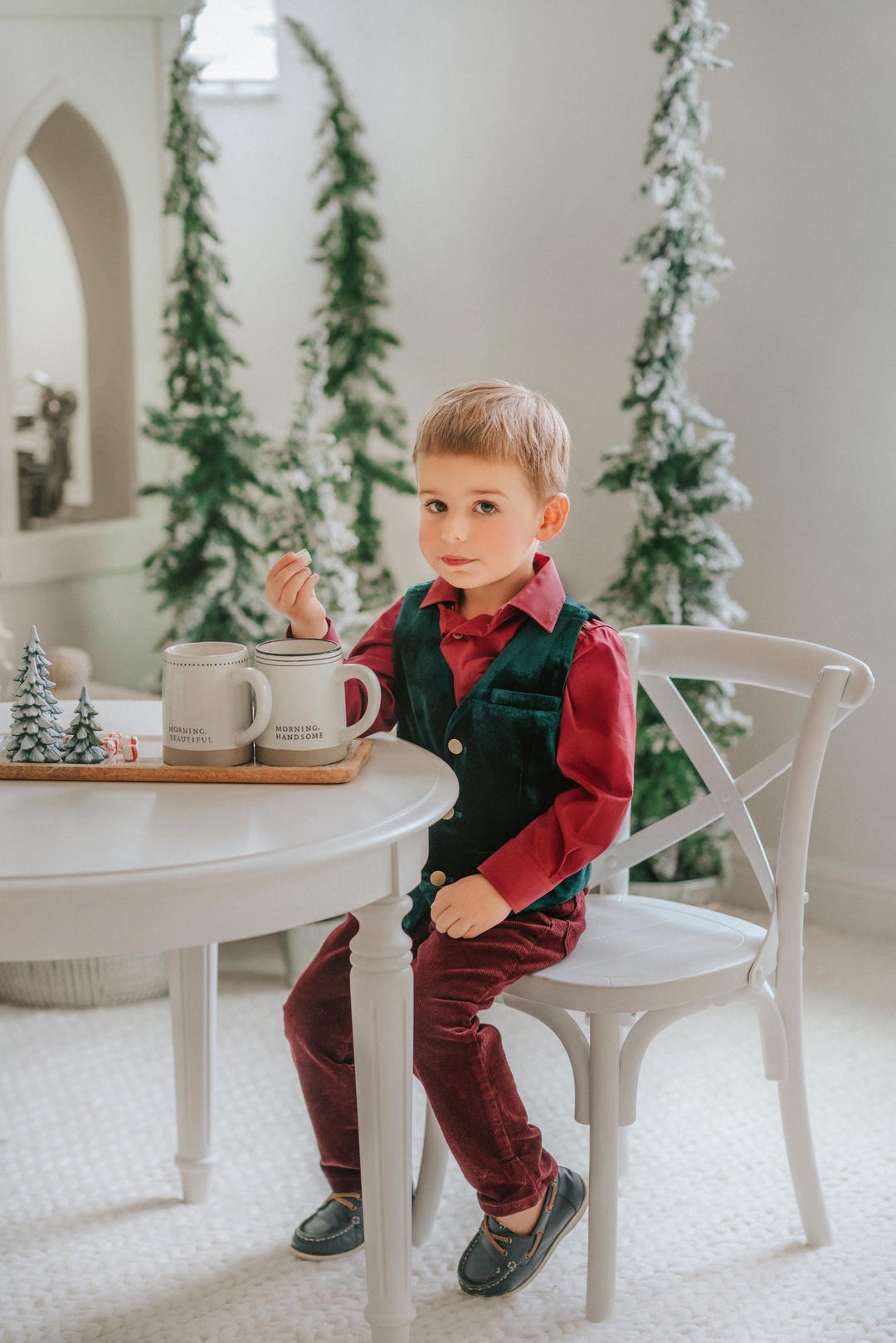 Boys Classic Christmas Vest,green Velvet,matching Sibling Outfit