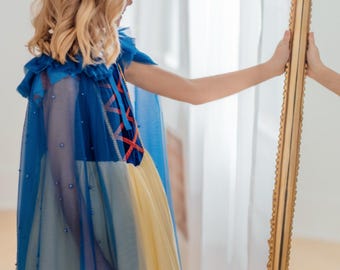 Royal Blue Princess Cape with Pearls: Girls Tulle Dress Up Cape, Toddler Costume