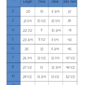 May include: A dress size chart in inches. The chart includes sizes 2 through 14, with measurements for dress length, half chest, half waist, and half skirt hem. The chart is in a grid format with blue highlighted rows.