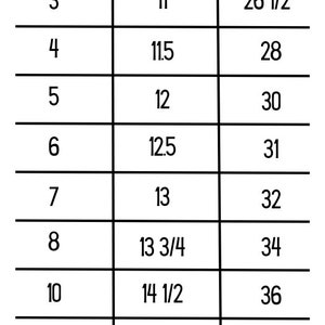 May include: Sizing chart for clothing with measurements in inches for chest and length. Sizes range from 2 to 14.
