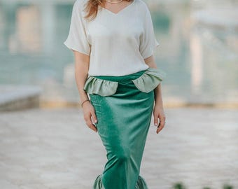 Mermaid Tail Maxi Skirt for Women: Green Velvet Ruffle Skirt, Fantasy Costume