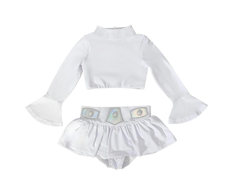 Star Wars-inspired toddler swimsuit set with shiny galactic belt and long sleeves for sun-safe swimwear and imaginative play

Space princess costume swim set with crop rash guard top and skirted bottom featuring iridescent belt detail for girls

Galactic girl swim outfit with long sleeves and futuristic belt, perfect for sci-fi beach parties, pool days, or costume fun