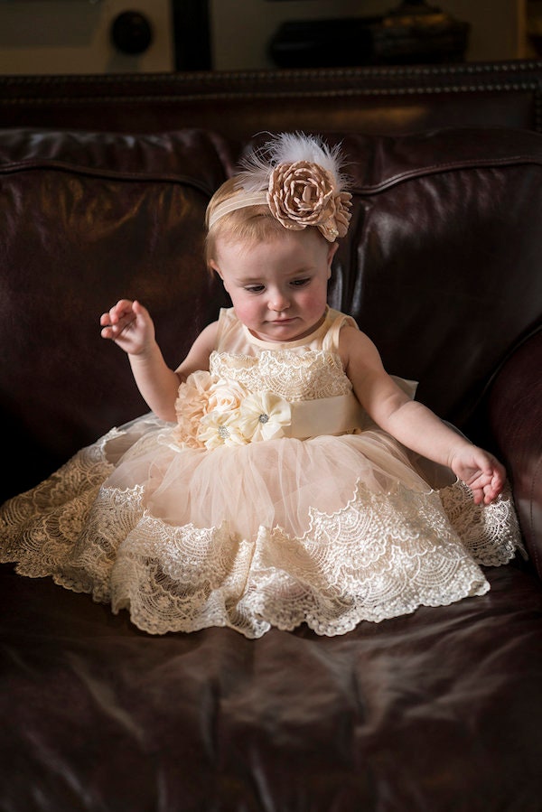 Gorgeous baby gown,ivory baptism gown,baby tutu,baby flower girl dres…