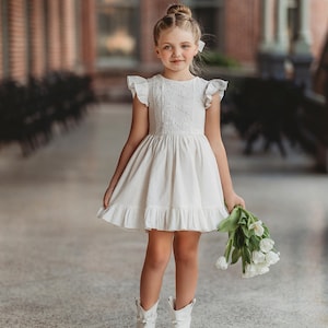 Girls pinafore,girls white dress,girls white flower dress,portrait dress,vintage pinafore,beach wedding dress,twirl dress,spring dress