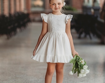 Girls pinafore,girls white dress,girls white flower dress,portrait dress,vintage pinafore,beach wedding dress,twirl dress,spring dress