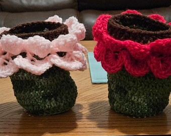 May include: Four crocheted flower pot covers in different colours: yellow, pink, red, and white. Each cover has a green base and a crocheted flower design on top.