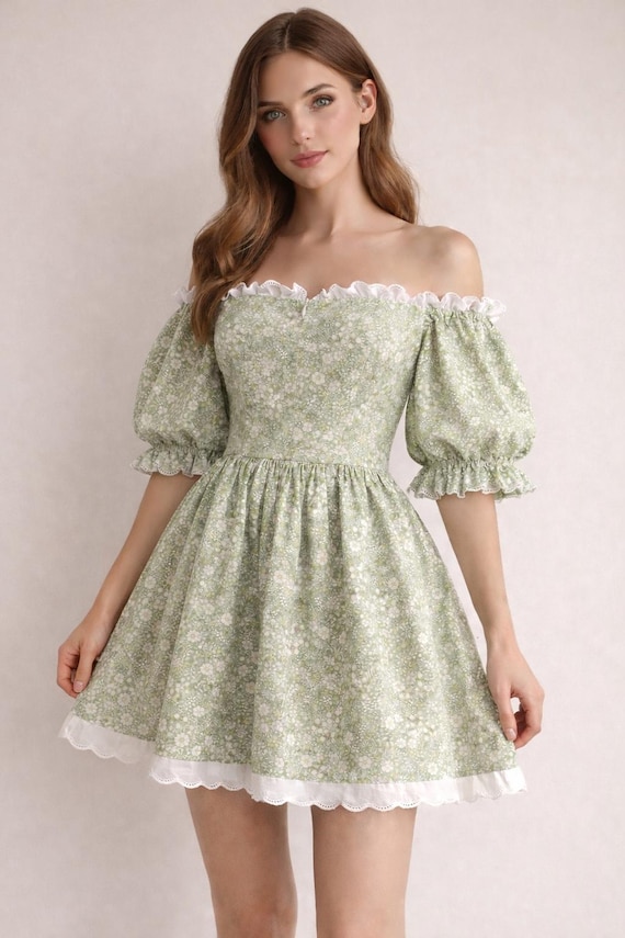 cotton corset dress Romantic Cotton Batiste Corset Dress with Lace Trim & Puff Sleeves