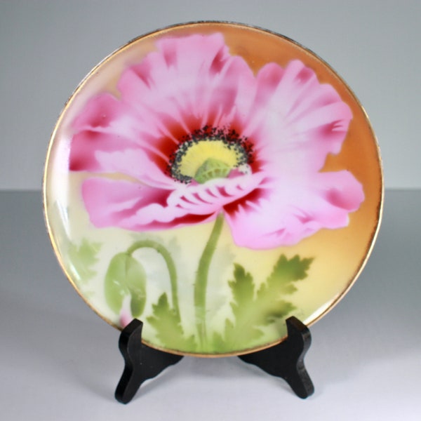 Bavarian Hand Painted China Big Pink Poppy Flower Artist Signed J. Millet Germany Garden Plate 8 inch