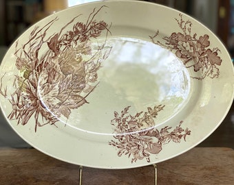 English Transferware Brown Late 1800’s Ceramic Platter 17x12x2 large Prettier Than Most Oak Leaves Gardening
