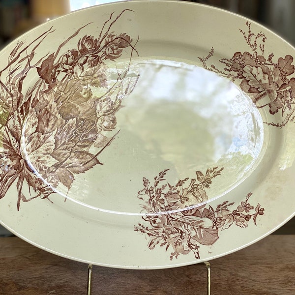 English Transferware Brown Late 1800’s Ceramic Platter 17x12x2 large Prettier Than Most Oak Leaves Gardening