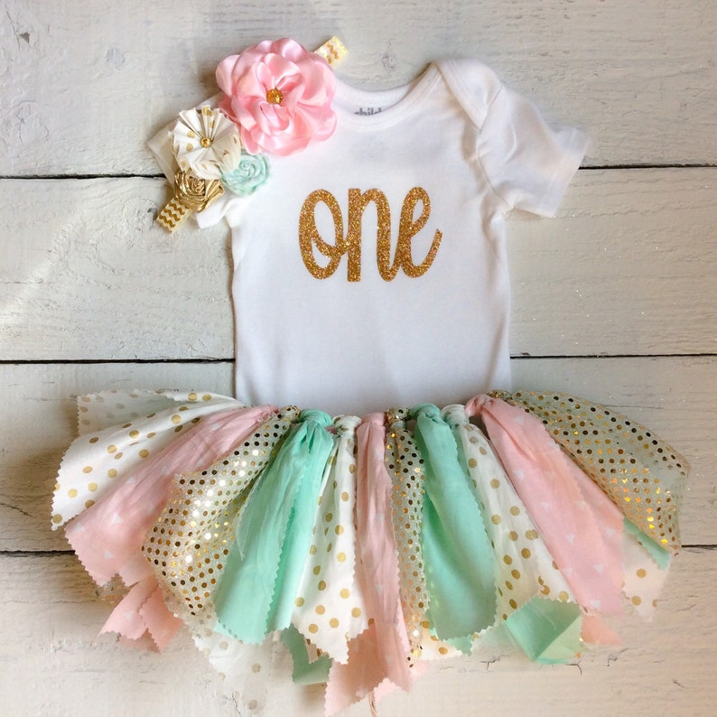 Pink and mint tutu,Cake smash outfit,pink mint and gold tutu,mint and pink fabric tutu, birthday outfit,cake smash tutu,mint tutu, pink tutu image 1