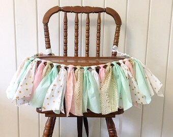 Fabric garland, pink mint gold fabric garland, high chair banner, pink mint gold high chair banner