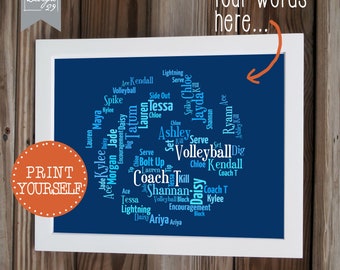 Volleyball - Your Team Names form a Volley ball - Coach Captain Trainer Appreciation Gift - Personalized Word Art - Printable Wall Art