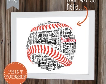 Beisebol - Os nomes do seu time formam uma bola de beisebol - Presente de agradecimento para técnico, capitão e treinador - Arte com palavras personalizada - Arte de parede para imprimir