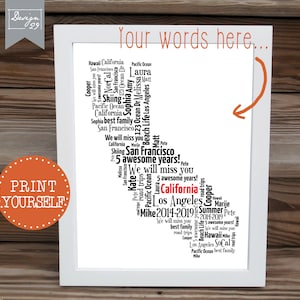 Carte personnalisée de Californie - Vos mots forment n'importe quel État américain - Word Art personnalisé - Art mural imprimable