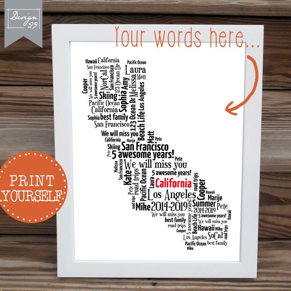 California Personalized Map - Your Words form any US State - Personalized Word Art - Printable Wall Art