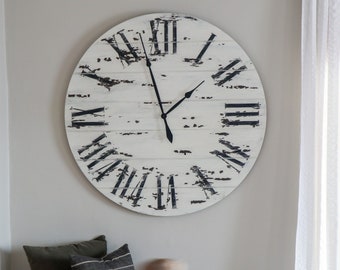 White Distressed Wall Clock, Large Wall Clock, Farmhouse Style