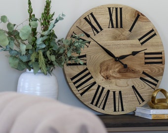 Stained Hackberry Wood Wall Clock, Hardwood, Black Roman Numerals, Decor, Wall Hanging, Unique Wood Art, Clock with Numbers